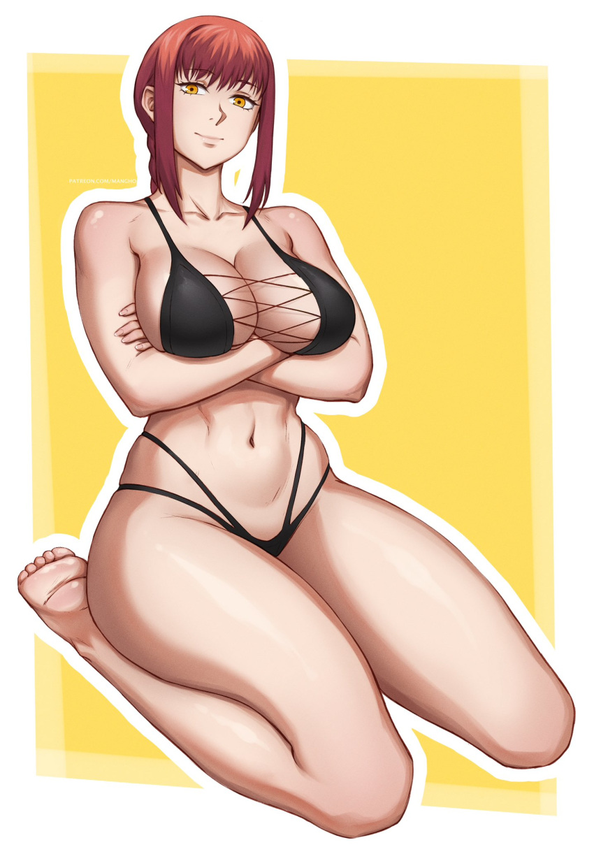 1girls alternate_version_available big_breasts bikini bikini_bottom bikini_top black_bikini bottomwear breasts chainsaw_man cleavage feet female female_only hair huge_breasts legs makima_(chainsaw_man) mangho red_hair solo solo_female swimwear thighs topwear yellow_eyes