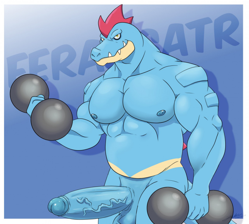 1boy 2020 5_fingers alligator animal animal_genitalia animal_humanoid animal_penis animal_tail anthro anthro_only anthrofied bara blue_background blue_nipples blue_penis chubby closed_mouth english_text erection eye_contact feraligatr game_freak grabbing gym half-closed_eyes looking_at_viewer male male_nipples male_only miguel_okami mouth_closed muscles muscular muscular_male naked nintendo nipples nude nude_male original_character penis pokémon_(species) pokemon pokemon_(species) pokemon_gsc reptile scalie smile smiley_face smiling tail teeth testicles text thick_thighs veins wide_hips yellow_eyes