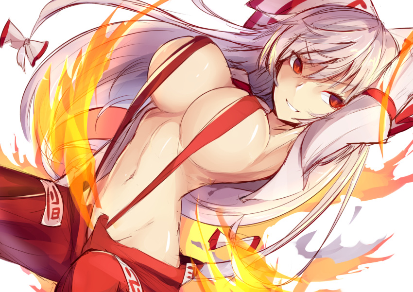 arms_up bow breasts female fire fujiwara_no_mokou grin hairbow large_breasts long_sleeves looking_at_viewer navel ofuda open_clothes open_shirt pants red_eyes red_pants satou_rin_(gobugabuge) shirt simple_background smile solo suspenders touhou v-shaped_eyebrows white_background white_bow white_hair white_shirt