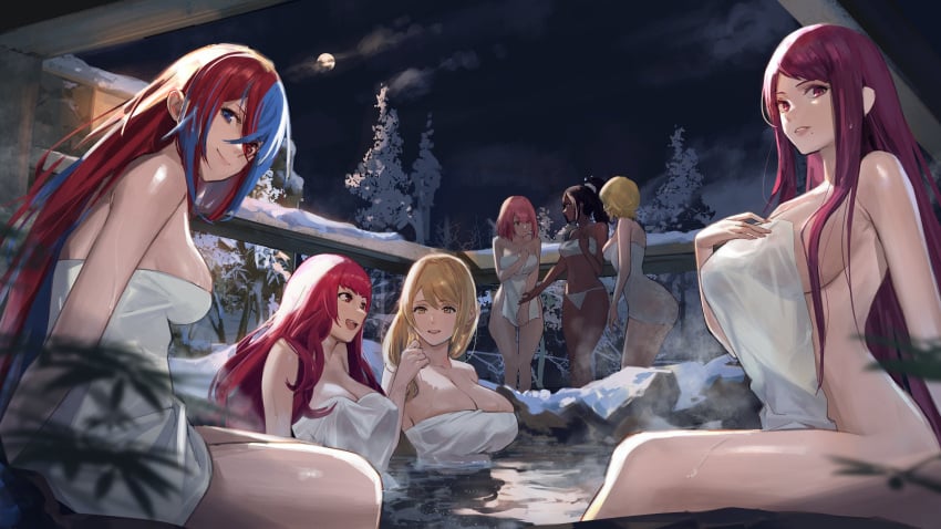 6+girls 7girls alear_(female)_(fire_emblem) alear_(fire_emblem) bare_shoulders bathing better_version_at_source blue_eyes blue_hair breasts brown_hair citrinne_(fire_emblem) cleavage covering_privates crossed_bangs dark-skinned_female dark_skin female female_only fire_emblem fire_emblem_engage goldmary_(fire_emblem) group_bathing hair_between_eyes heterochromia highres ivy_(fire_emblem) j@ck lapis_(fire_emblem) large_breasts long_hair looking_at_viewer medium_breasts multicolored_hair multiple_girls naked_towel nintendo onsen outdoors princess purple_eyes purple_hair red_eyes red_hair royalty smile split-color_hair steam teenage_girl teenager timerra_(fire_emblem) towel two-tone_hair very_dark_skin very_long_hair yunaka_(fire_emblem)