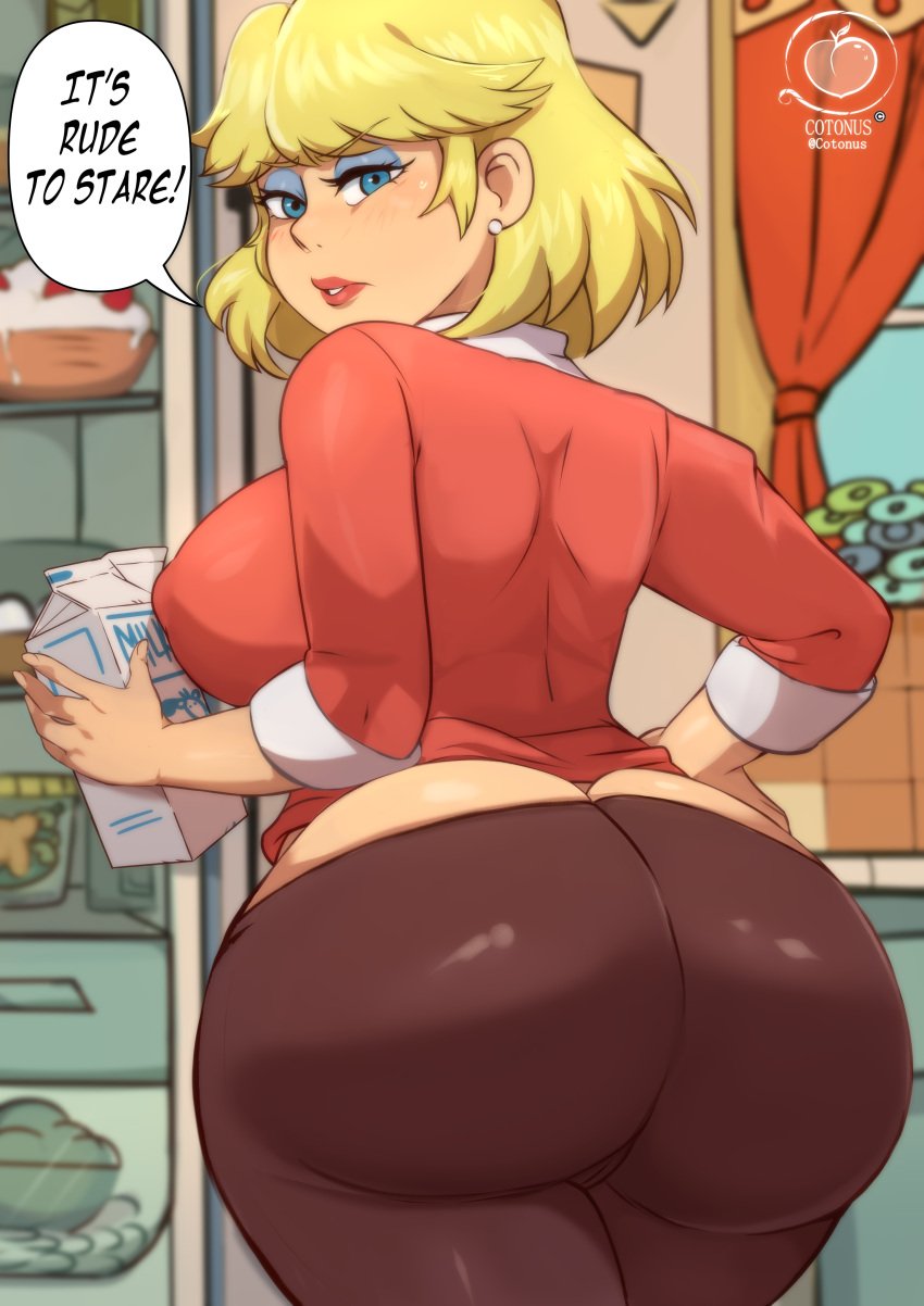 1girls ass ass_cleavage ass_focus big_ass big_breasts blonde_hair breasts bubble_ass bubble_butt butt_crack cotonus english_text fat_ass_mommy fully_clothed huge_ass huge_breasts mature_female milf mother nickelodeon pants pawg rita_loud secretly_loves_it solo standing text the_loud_house