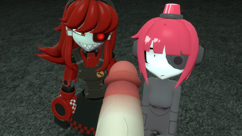 3d 3d_model big_penis circumcised garry's_mod mimi_sentry mini_sentry minigirl red_eyes red_hair sentry-chan sentry_(team_fortress_2) sentry_turret shocked_expression team_fortress_2 tf2 two_girls valve valve_(company)