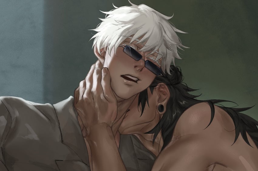 before_sex black_hair blush clothed_sex couple echoei3 gay hand_on_neck handles jujutsu_kaisen kissing kissing_neck love muscular_male piercing satoru_gojo shirt_lift sucking suguru_geto sunglasses surprised surprised_expression white_hair yaoi