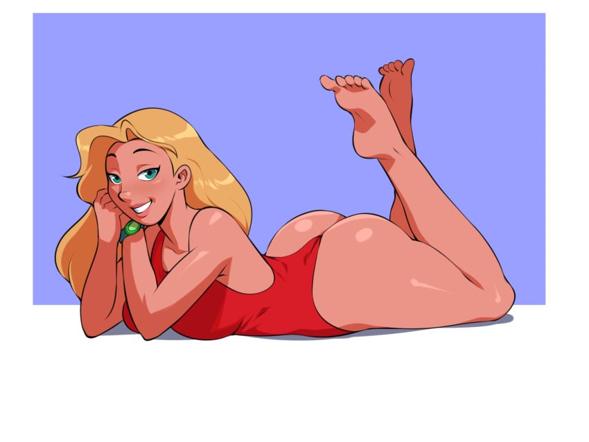 1girls ass big_ass blonde_hair dark-skinned_female feet lifeguard_(lilo_and_stitch) lilo_and_stitch lying_on_stomach one-piece_swimsuit rakintor solo swimsuit thick_thighs