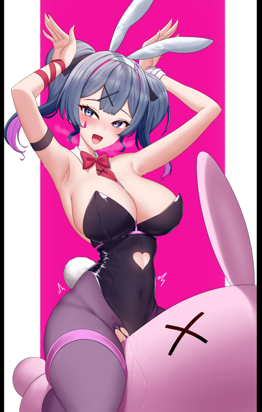 absurdres animal_ears armpits arms_up black_leotard blue_eyes blue_hair blush breasts bu_li cleavage clothing_cutout covered_navel detached_collar fake_animal_ears fake_tail female hair_ornament hatsune_miku heart_cutout highres large_breasts leotard looking_at_viewer medium_hair mv_character open_mouth pantyhose playboy_bunny pussy_juice pussy_juice_trail rabbit_ears rabbit_hole_(deco*27/caststation) rabbit_hole_(vocaloid) rabbit_tail smile solo tail torn_clothes torn_pantyhose twintails vocaloid x_hair_ornament