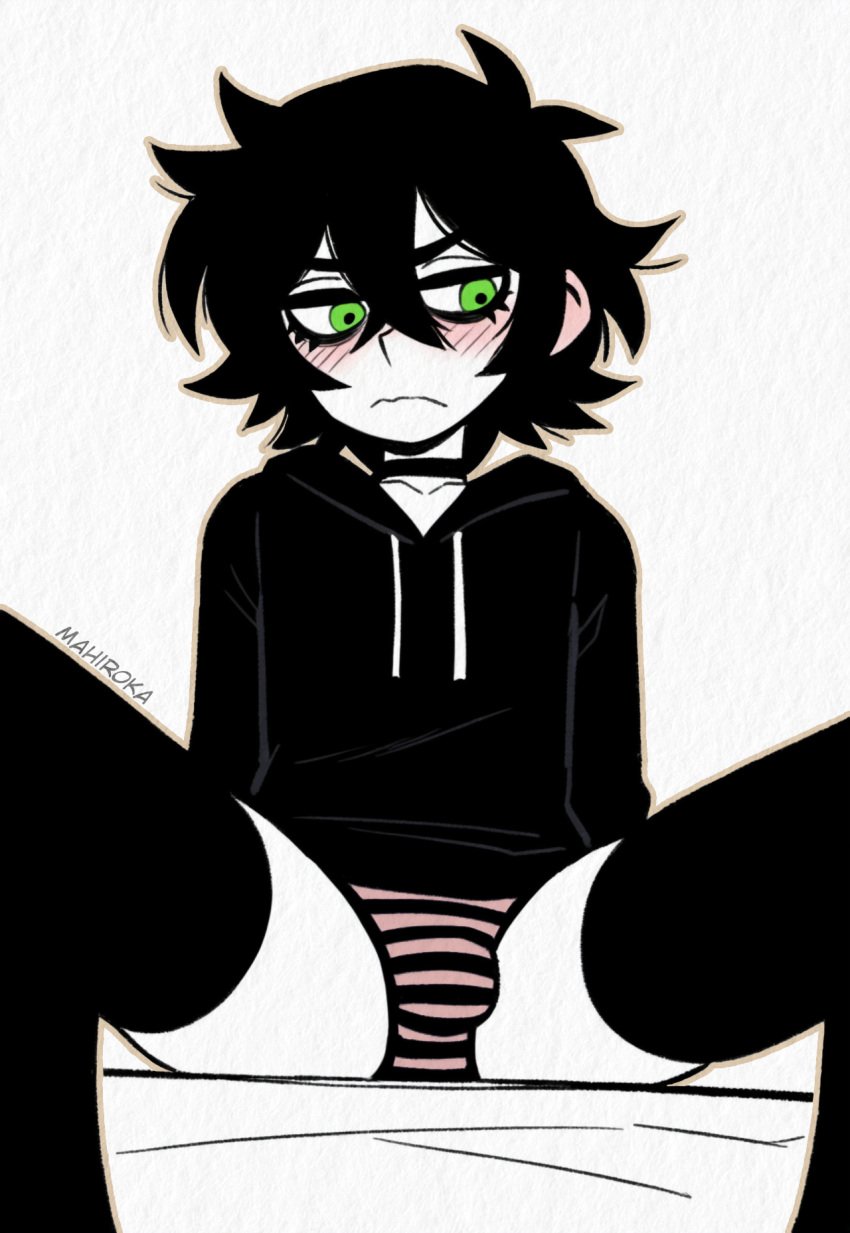 1boy ai_generated andrew_graves black_hair black_thighhighs blush bulge choker collarbone femboy femboy_only from_below frown green_eyes hoodie legs_apart looking_away mahiroka mascara messy_hair on_bed outline pink_panties self_upload signature sitting solo solo_femboy solo_male striped_panties textured_background the_coffin_of_andy_and_leyley thighhighs thighs trap twink