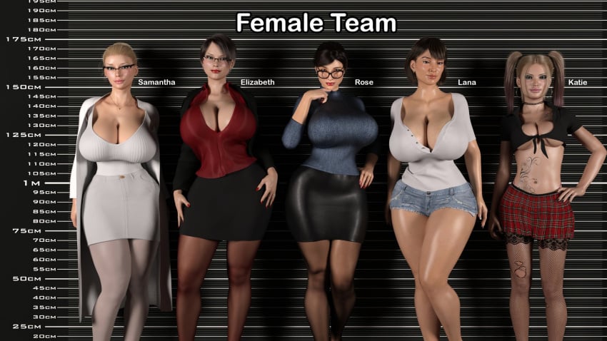 3d 5girls age_difference between_breasts black_hair blonde_hair blue_eyes breast_size_difference breasts brown_hair cleavage curvy cutoffs denim denim_shorts doctor earrings elizabeth_(serge3dx) english_text fashion female female_only fishnets front-tie_top glasses group hand_on_hip height_chart huge_breasts jewelry katie_(serge3dx) lana_(serge3dx) large_breasts lineup lips lipstick long_hair looking_at_viewer makeup mature_female milf miniskirt mole mole_on_breast mole_under_mouth multiple_girls nail_polish navel necklace pantyhose pencil_skirt principal rose_(serge3dx) samantha_(serge3dx) serge3dx short_hair short_shorts shorts skirt slutty_outfit smile student sweater tattoo teacher teacher_outfit torn_clothes twintails