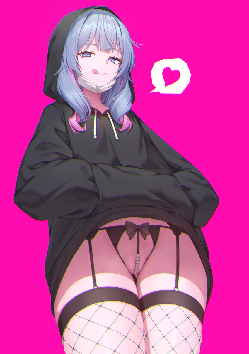 1girls bead_panties beads black_garter_belt black_garter_straps black_thong bottomless dogsseil exhibitionism face_mask female_pervert fishnet_stockings fishnets garter_belt garter_straps garterbelt hairless_pussy hands_in_pockets hatsune_miku heart heart_speech_bubble hoodie hoodie_up labia licking_lips looking_at_viewer low-angle_view mask_down mv_character no_panties no_pants pearl_thong rabbit_hole_(deco*27/caststation) rabbit_hole_(vocaloid) solo spoken_heart vocaloid