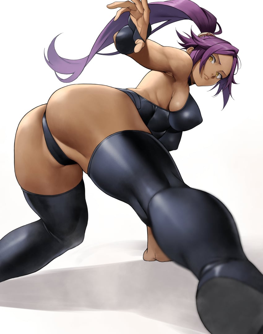 1girls absurdres all_fours ass black_footwear black_leotard bleach boots breasts closed_mouth dark-skinned_female dark_skin elbow_gloves female gloves highleg highleg_leotard highres large_breasts leotard long_hair looking_back outstretched_arm ponytail purple_hair redrawn shadow shihouin_yoruichi simple_background skin_tight solo thigh_boots thighs thong_leotard yellow_eyes yoshi55level yoshio_(55level)