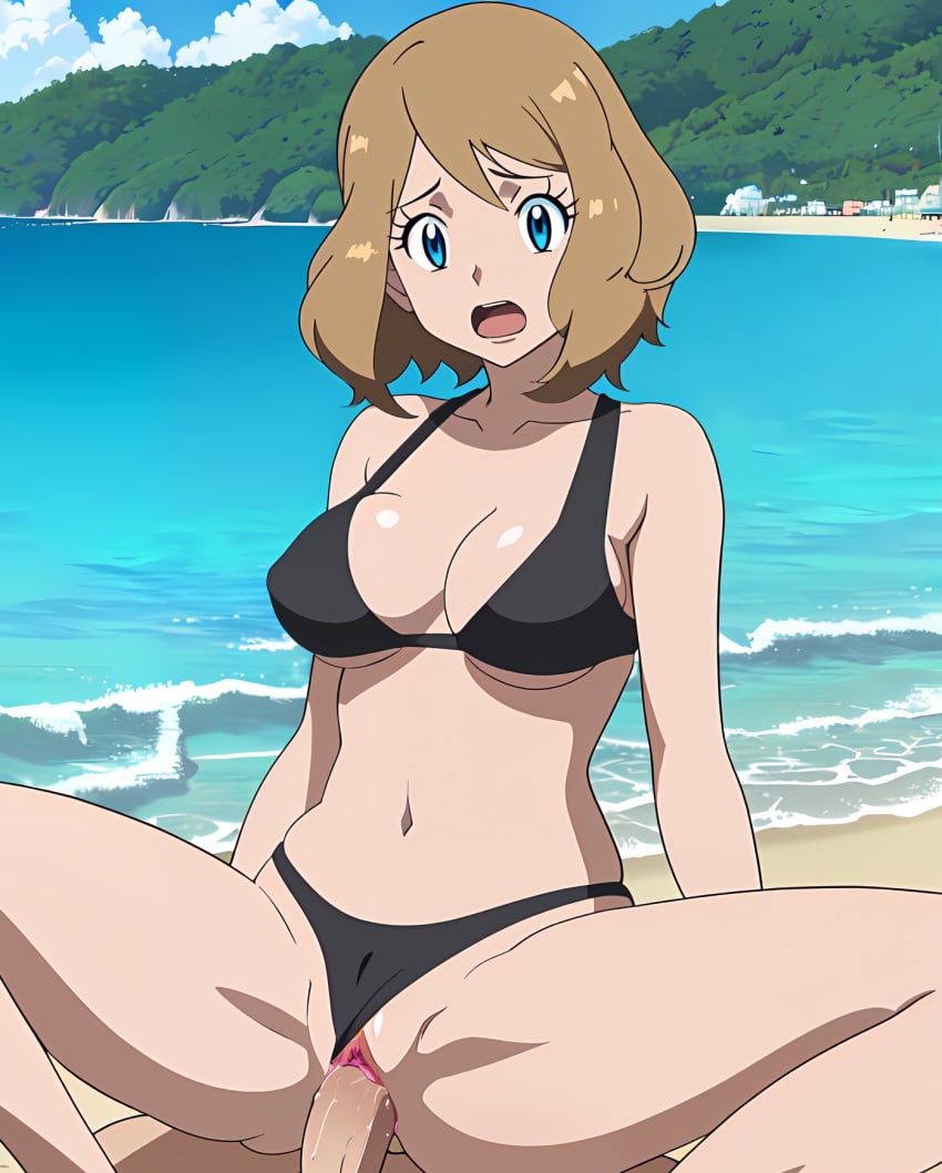 accurate_art_style ai_generated anime belly_button bikini bondage cowgirl_position human_characters_in_pokémon large_breasts pokegirl pokemon ranwai serena_(pokemon) serena_(pokemon_games) sex stable_diffusion