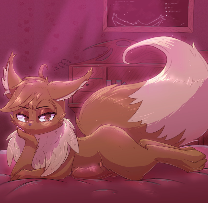 1boy 3_toes absurd_res animal_genitalia animal_penis anthro anthrofied ass bed brown_eyes brown_fur canine canine_penis eevee erection eye_contact feet feral fur genitals hair half-closed_eyes hi_res knot looking_at_viewer lying male male_only nintendo nude original_character pawoo paws penis pink_background pokémon_(species) pokemon pokemon_rgby solo tail thick_thighs video_games white_fur wide_hips