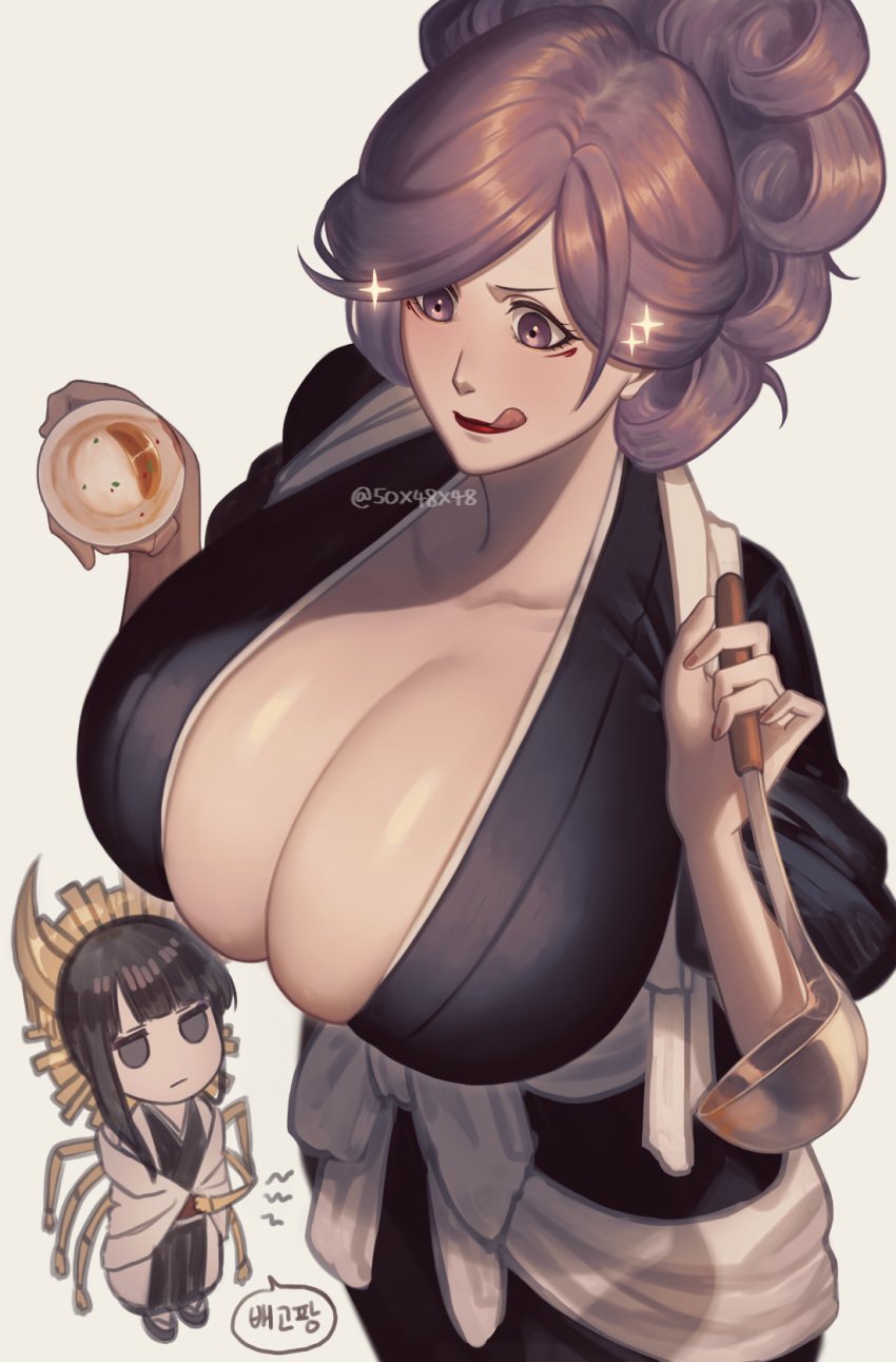 2girls 50x48x48 black_eyes black_hair bleach bleach:_the_thousand-year_blood_war breasts cleavage cooking facial_mark gilf haori highres hikifune_kirio holding holding_ladle huge_breasts hungry japanese_clothes ladle milf multi_arm multi_limb multiple_girls nimaiya_ouetsu purple_eyes purple_hair red_lips shihakusho shinigami shutara_senjumaru skeletal_arm solid_oval_eyes soup_ladle standing taichou_haori white_haori