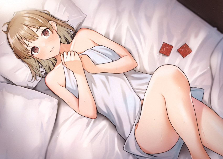 1girls absurdres bare_legs bed blanket blush brown_eyes brown_hair condom doushimasho highres koibito_ijou_no_koto_wo_kanojo_janai_kimi_to leg_up legs lying minase_ito multiple_condoms naked_towel on_back on_bed pillow short_hair solo towel