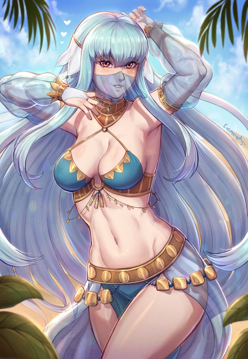 1girls alternate_costume arm_up armpits bare_shoulders blue_hair blue_skirt breasts commission cowboy_shot crop_top dancer dancing detached_sleeves evomanaphy female female_only fire_emblem fire_emblem:_the_blazing_blade grin halterneck highres jewelry long_hair looking_at_viewer medium_breasts midriff mouth_veil navel neck_ring ninian_(fire_emblem) nintendo purple_eyes see-through see-through_sleeves skirt smile solo standing stomach thighs veil very_long_hair