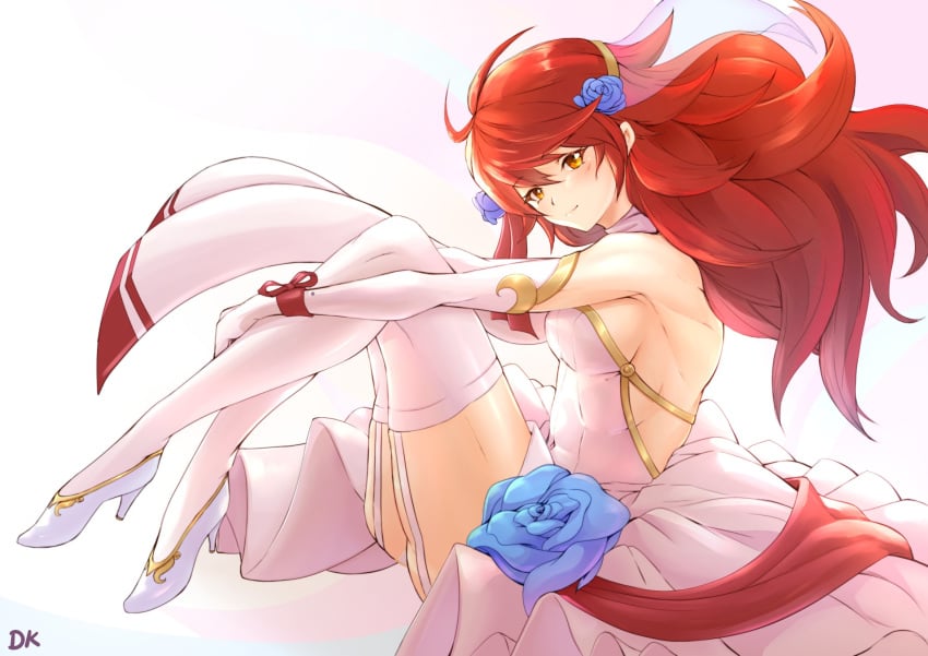 1girls absurd_res absurdres breasts bride clothed clothing deekei dress fire_emblem fire_emblem_fates happy highres hinoka_(fire_emblem) holding_legs long_hair looking_at_viewer nintendo red_hair sideboob small_breasts smile smiling tagme thick_thighs thighhighs thighs tomboy wedding_dress