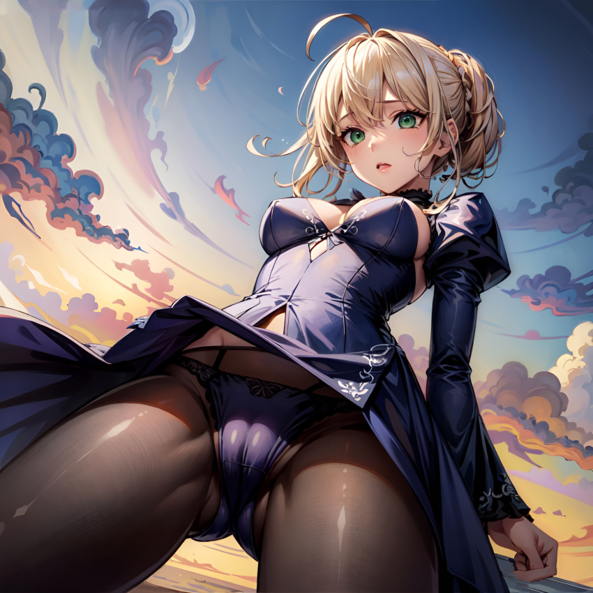 1girls ai_generated arbitrary artoria_pendragon blonde_hair cameltoe fate_(series) from_below green_eyes hi_res medium_breasts pantyhose saber stable_diffusion