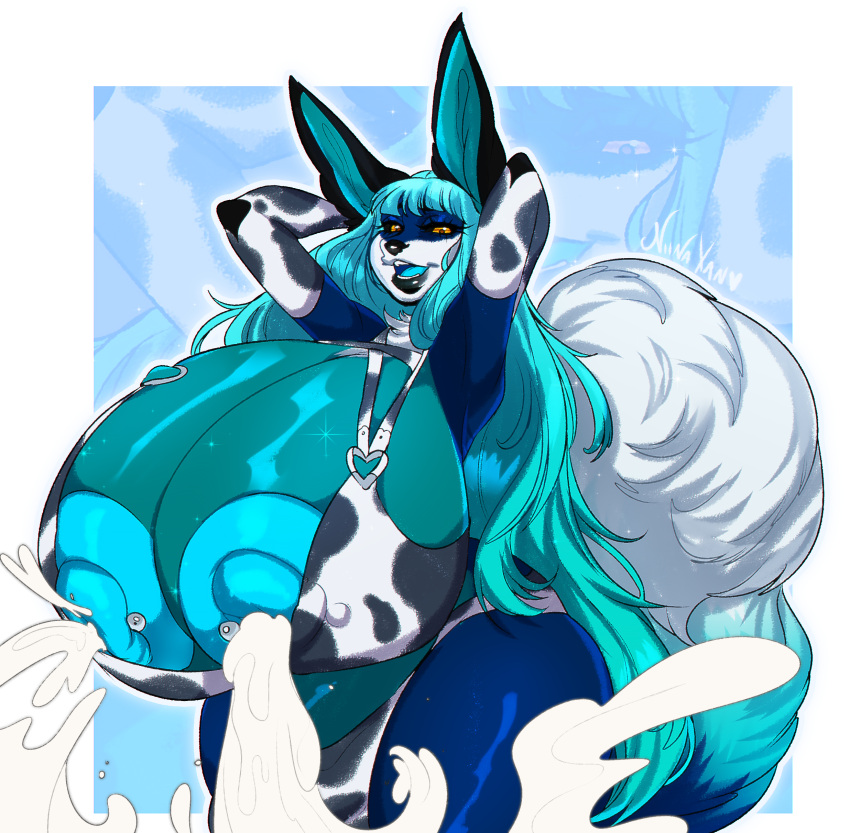 absurd_res animal_print anthro balls big_balls big_bulge big_nipples blue_body blue_fur blue_hair bodily_fluids bulge canid canine cow_print cow_print_elbow_gloves cow_print_lingerie dipstick_tail fox fur furry genitals gynomorph hair hi_res huge_balls huge_bulge huge_nipples hyper hyper_balls hyper_genitalia intersex lactating louise_lupine mammal markings niina-xan_(artist) nipple_piercing nipples piercing solo tail tail_markings