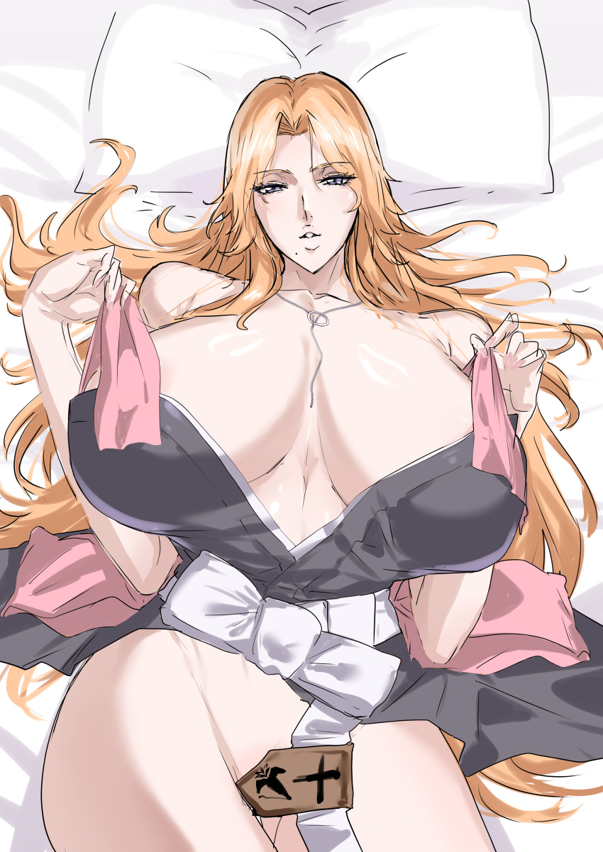 1girls absurdres bleach breasts breasts_apart convenient_censoring eyelashes female highres huge_breasts jewelry long_hair looking_at_viewer matsumoto_rangiku mogi_yasunobu mole mole_under_mouth necklace no_panties on_bed parted_lips pillow solo voluptuous voluptuous_female