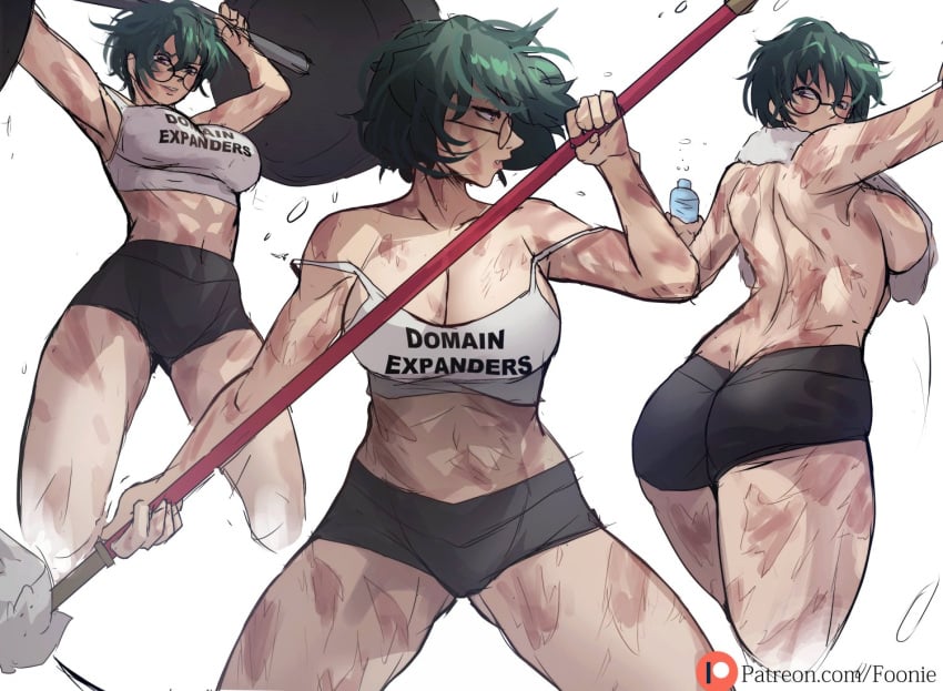 1girls big_breasts bodily_fluids burn_scar cleavage female female_only foonie foonie_xd glasses green_hair jujutsu_kaisen large_breasts looking_back scar scars scars_all_over shorts sideboob solo solo_female solo_focus spear sweat text_on_clothing towel zenin_maki