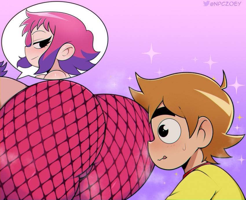 1boy 1girls :q accurate_art_style ass ass_awe big_ass black_eyebrows black_eyes blush brown_hair female fishnet_pantyhose fishnets huge_ass looking_at_ass looking_back male narrowed_eyes npczoey pantyhose pink_hair pink_pantyhose purple_hair ramona_flowers scott_pilgrim scott_w_pilgrim smile sparkles textless textless_version thick_ass thick_eyebrows thick_thighs two_tone_hair very_high_resolution