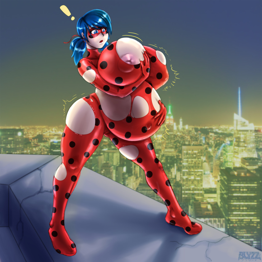 1:1_aspect_ratio 1girls aged_up areolae artist_name big_breasts black_and_red blue_eyes blue_eyes_female blue_hair_female blyzzarde breast_expansion breasts breasts_bigger_than_head building bursting_breasts city cityscape concrete concrete_floor dark_blue_hair expansion female female_only huge_breasts inflation ladybug_(character) large_breasts light_skin looking_at_own_breasts marinette_cheng marinette_dupain-cheng milf miraculous_ladybug nipples pixiv pregnant ready_to_pop short_blue_hair short_hair short_hair_female solo superheroine torn_clothes wide_hips