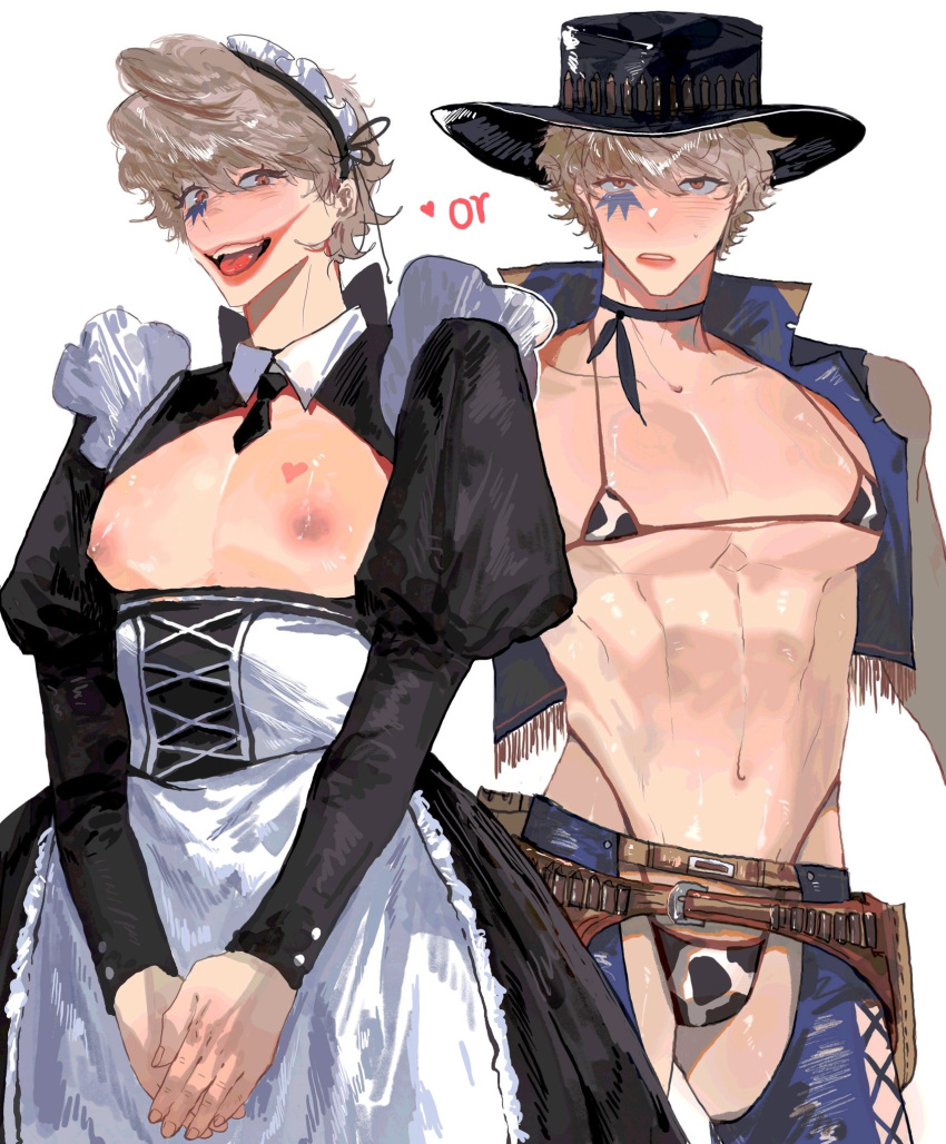 alternate_costume assless_chaps bikini blonde_hair blush chaps cow_bikini cow_print cowboy cowboy_hat crossdressing donquixote_rosinante facepaint fringe_trim gun_holster lipstick looking_at_viewer maid maid_headdress maid_uniform makeup male male_only micro_bikini multiple_outfits muscular one_piece pecs qlassic39 shiny_skin smile solo toned toned_male vest