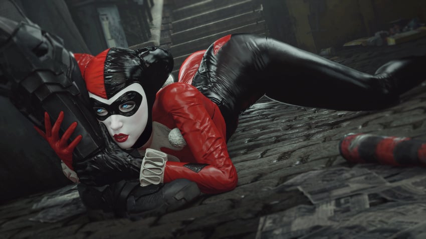 1girls 3d 3d_(artwork) ass_up athazel batman batman:_arkham_knight batman_(series) blue_eyes bodysuit clothed dc dc_comics female female_focus fully_clothed grabbing_leg harley_quinn harley_quinn_(arkham_knight) harley_quinn_(classic) latex latex_suit leg_grab makeup source_filmmaker suggestive suggestive_look tagme