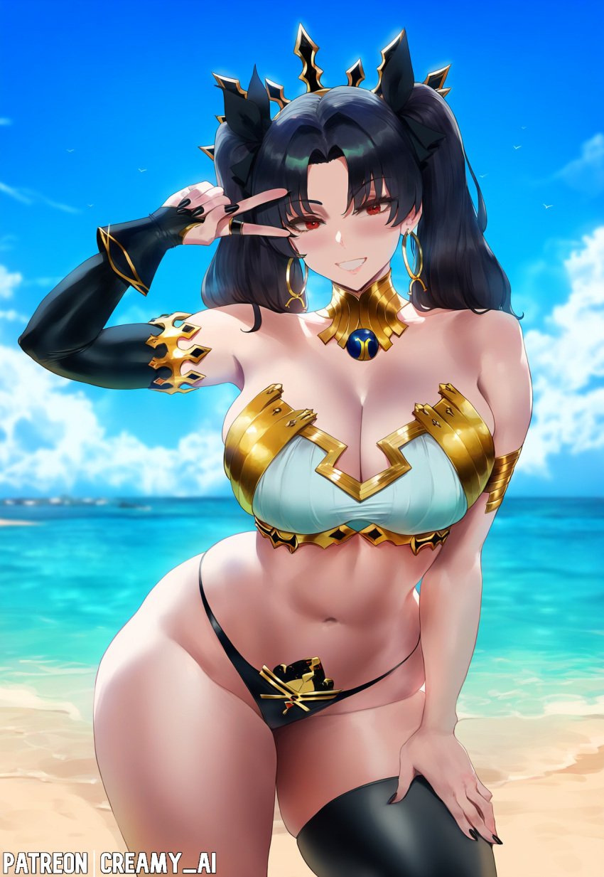 1girls ai_generated black_hair cleavage creamy_ai fate_(series) female female_only hi_res ishtar_(fate) large_breasts long_hair patreon_username red_eyes solo stable_diffusion thick_thighs v_sign