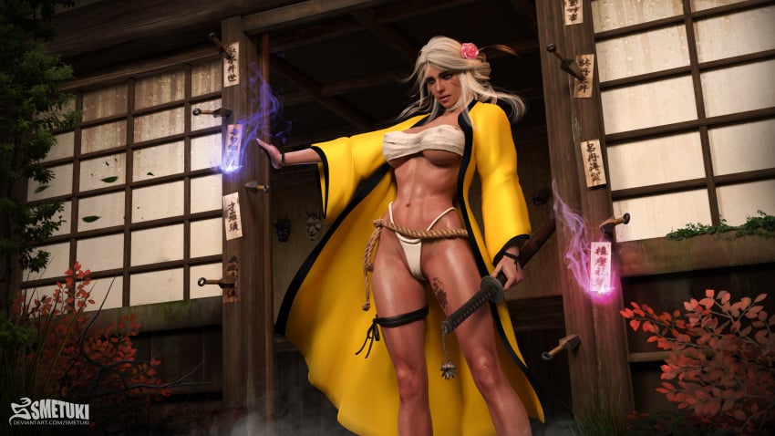 3d breasts cameltoe ciri clothing female green_eyes human japanese_clothes japanese_house katana light-skinned_female magic nipples_visible_through_clothing outerwear pale_skin panties scar smetuk smetuki solo the_witcher_(series) the_witcher_3:_wild_hunt underwear weapon white_hair