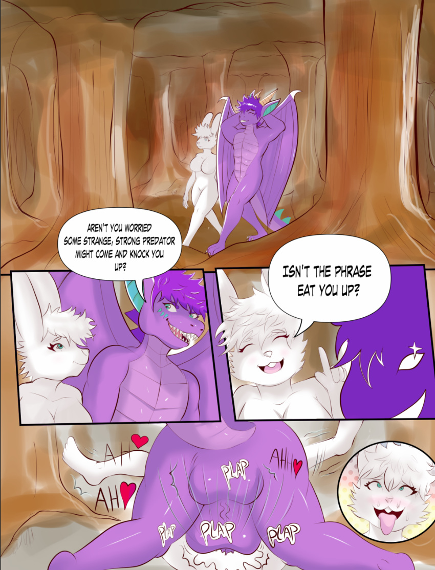 anthro blue_eyes blush bodily_fluids breasts comic cum dragon duo english_text female fur genital_fluids hair happy_hazard heart hi_res horn lagomorph leporid lord_(character) male mammal plap_(sound) purple_body purple_hair rabbit straight text unknown_artist white_body white_fur