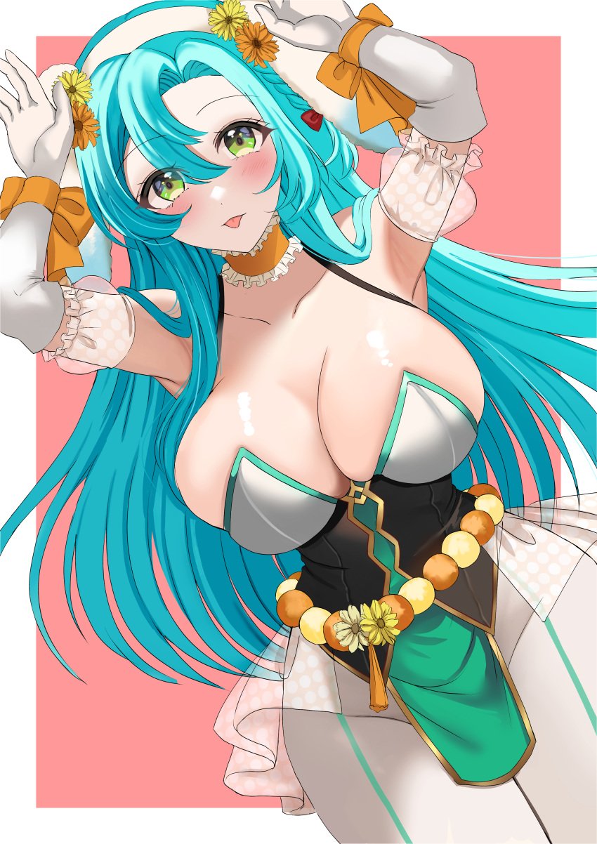 1girls :p absurdres alternate_costume aqua_hair armpits arms_up bare_shoulders blush breasts bunny_ears bunny_girl bunnysuit chloe_(fire_emblem) choker collarbone commentary_request detached_sleeves elbow_gloves female female_only fire_emblem fire_emblem_engage fire_emblem_heroes gloves green_eyes hair_between_eyes hairband highres large_breasts leotard long_hair looking_at_viewer nintendo official_alternate_costume orange_choker pantyhose playboy_bunny puffy_short_sleeves puffy_sleeves short_sleeves solo tara_(szzj7733) tongue tongue_out very_long_hair white_gloves white_hairband white_pantyhose