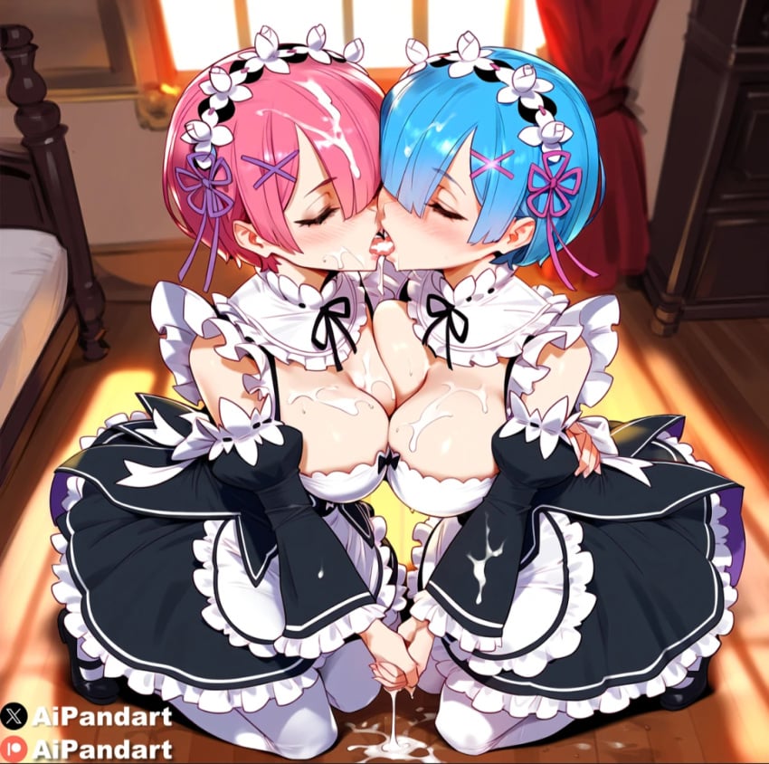 ai_generated blue_hair blush breast_press closed_eyes covered_in_cum french_kiss incest kissing large_breasts maid maid_headdress on_knees open_mouth pink_hair ram_(re:zero) re:zero_kara_hajimeru_isekai_seikatsu rem_(re:zero) short_hair sisters sweat tongue twincest twins yuri