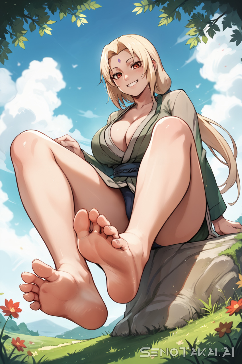 1girls 5_toes ai_generated arm_support artist_name bare_chest bare_legs bare_thighs barefoot blonde_hair blue_sky boruto:_naruto_next_generations bottomless bottomless_female brown_eyes cleavage cleavage_overflow clothing clouds facial_mark feet female female_only fetish flowers foot_fetish foot_focus forehead_mark grass haori kimono leaves light-skinned_female light_skin lipstick long_toes low_twintails makeup mature mature_female mature_woman milf naruto naruto:_the_last naruto_(classic) naruto_(series) naruto_shippuden no_bra no_bra_under_clothes oppai panties presenting presenting_feet rock senotakai_ai soles solo solo_focus thick_thighs thighs toes tsunade twintails underwear very_long_hair wafuku watermark wide_sleeves