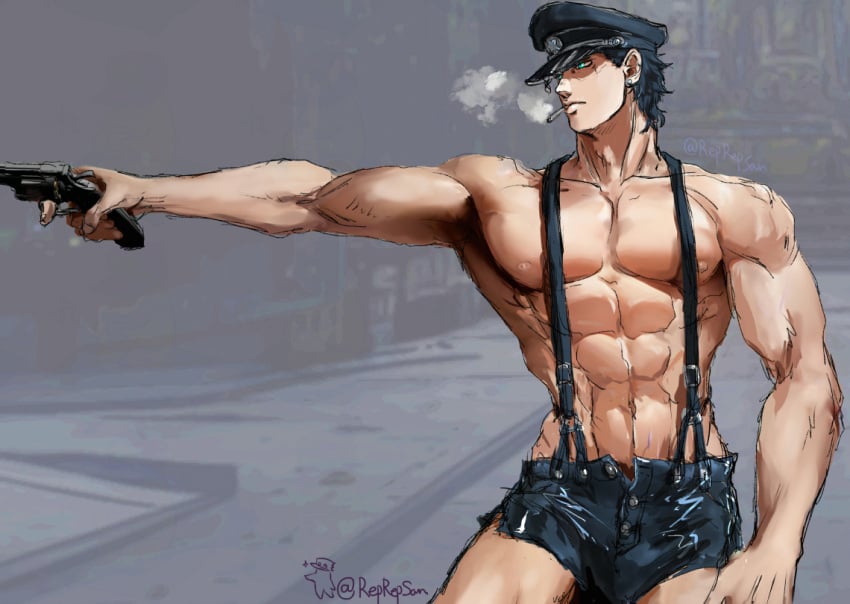 1boy firearm gun handgun holding_gun jojo's_bizarre_adventure jotaro_kujo male male_nipples male_only muscular_male posing reprepsan revolver solo stardust_crusaders weapon