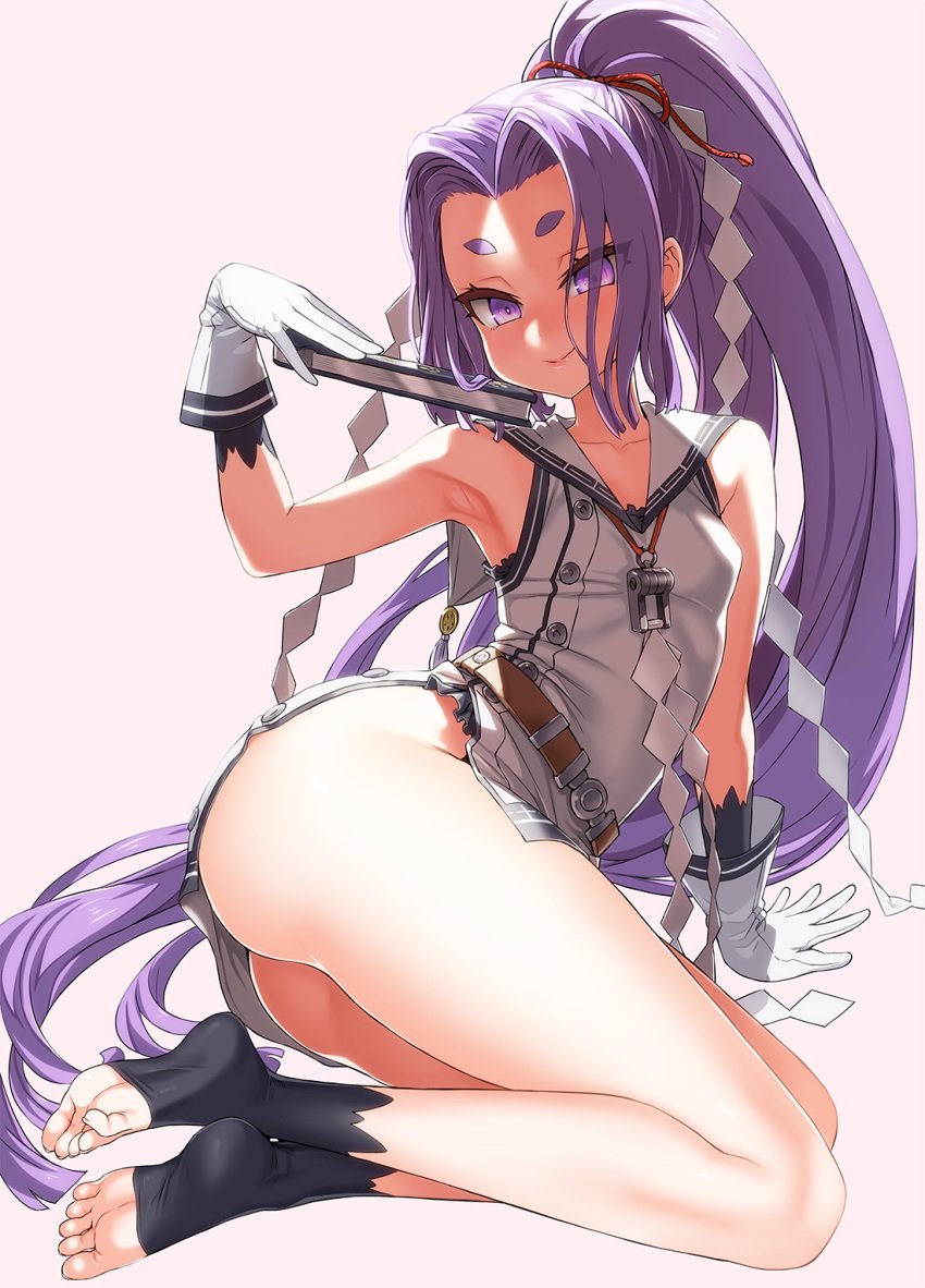 asanagi big_ass fan feet gloves hair_ribbon hatsuharu_(kantai_collection) kantai_collection lips looking_at_viewer on_side ponytail purple_hair small_breasts thighs