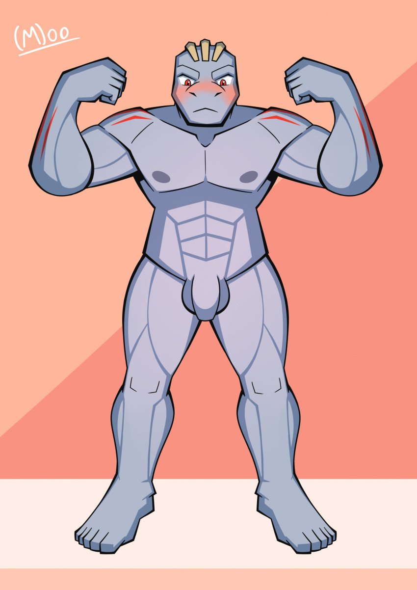 anthro anthro_only blush digital_media_(artwork) embarrassed flexing flexing_muscles generation_1_pokemon genitals hi_res humanoid machoke male male_focus male_only muscular muscular_humanoid muscular_male nintendo nude penis pokemon pokemon_(species) simple_background solo torito_moo