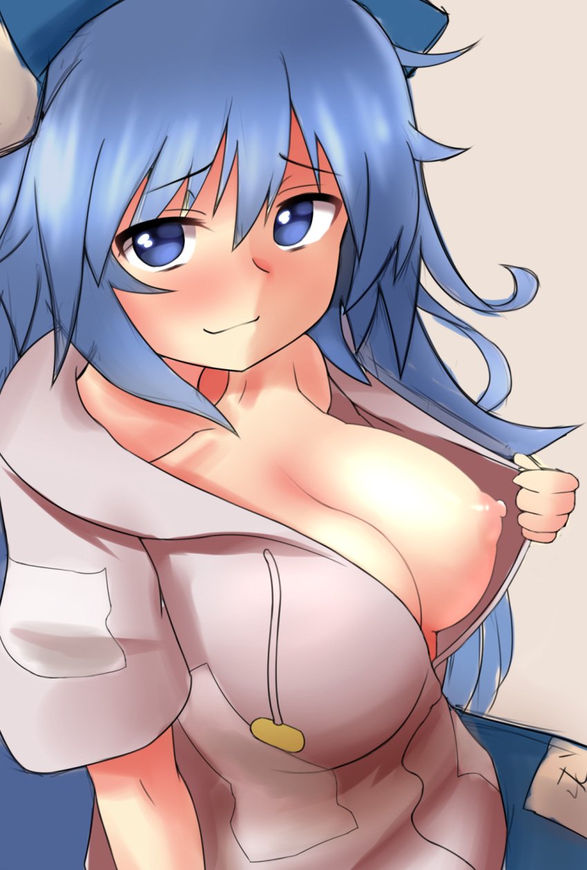 alternate_breast_size blue_bow blue_eyes blue_hair blue_skirt blush bow breasts closed_mouth female hairbow highres hood hoodie large_breasts long_hair looking_at_viewer nipples no_bra plain_background shion_yorigami shiratsuki_shiori simple_background skirt smile solo touhou yorigami_shion