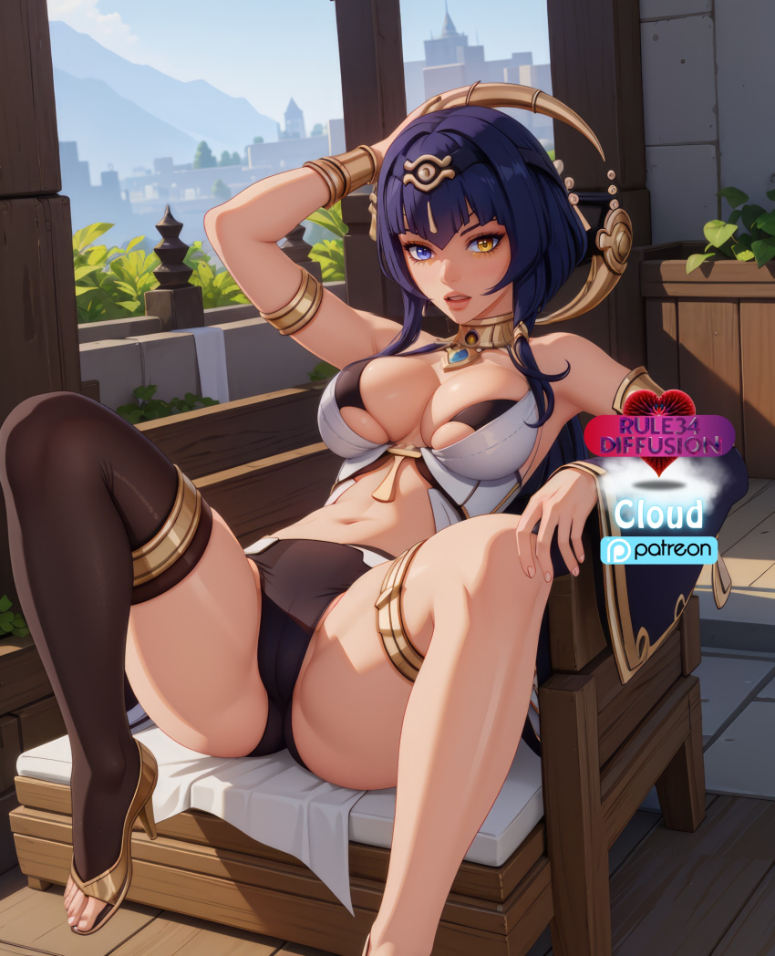 1girls ai_generated breasts candace_(genshin_impact) cgi dark-skinned_female dark_skin female female_focus genshin_impact girl heterochromia looking_at_viewer patreon purple_hair rule34_diffusion(artist) solo solo_female solo_focus video_game video_game_character video_game_franchise video_games