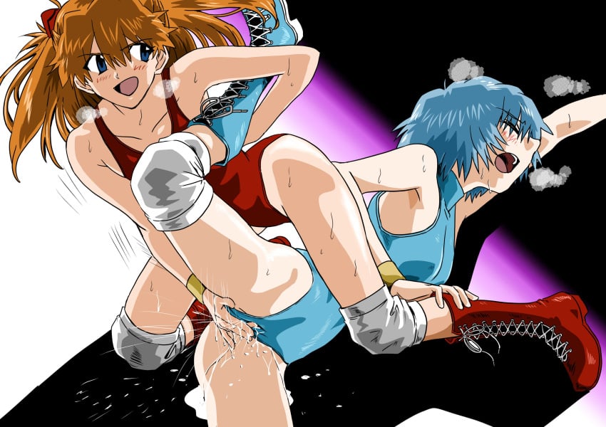 2girls ass_grab ass_up asuka_langley_sohryu blue_hair catfight fingering leaning_forward long_hair neon_genesis_evangelion pussy_grip red_hair rei_ayanami sexfight short_hair shorts sportswear spread_legs squirting teenager tight_clothing tight_fit wet_body wet_clothes wet_pussy wet_skin wrestling wrestling_outfit yoga yuri yuutaku1618