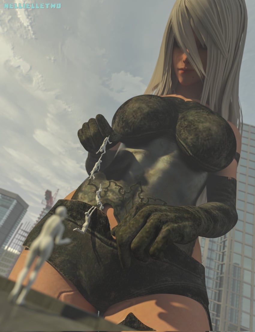 1girls 3d big_breasts breasts city clothing female female_focus giantess light-skinned_female light_skin long_hair macro nellielle2 nier nier:_automata size_difference white_hair yorha_a2