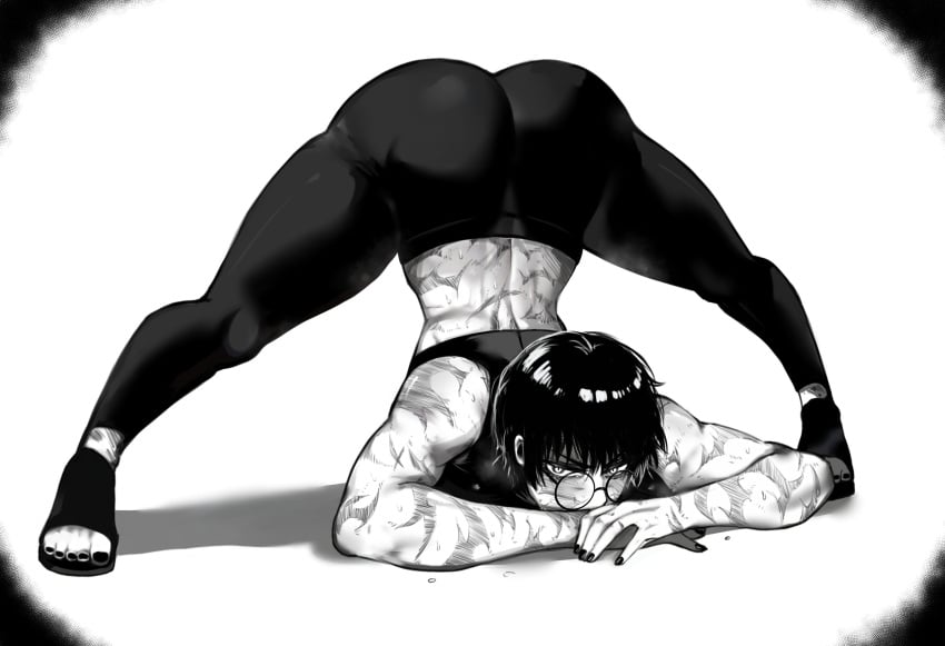 1girls anime_style ass big_ass big_butt burns clothed fat_ass female female_only flexible glasses huge_ass huge_butt jack-o'_pose jack-o_pose jujutsu_kaisen large_ass large_butt masoq095 monochrome mostly_clothed pose posing scar scarred scars scars_all_over short_hair shounen_jump thick thick_ass thick_thighs thighs tomboy very_short_hair zenin_maki