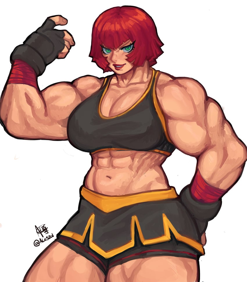 1girls abs al3s artist_signature bandages bangs big_breasts bra breasts cleavage extreme_muscles female female_only fully_clothed gloves green_eyes lipstick marisa_rossetti mma_gloves muscles muscular muscular_arms muscular_female muscular_legs muscular_thighs red_hair red_lips red_lipstick short_hair shorts skirt solo spats spats_shorts sports_bra street_fighter street_fighter_6 voluptuous voluptuous_female