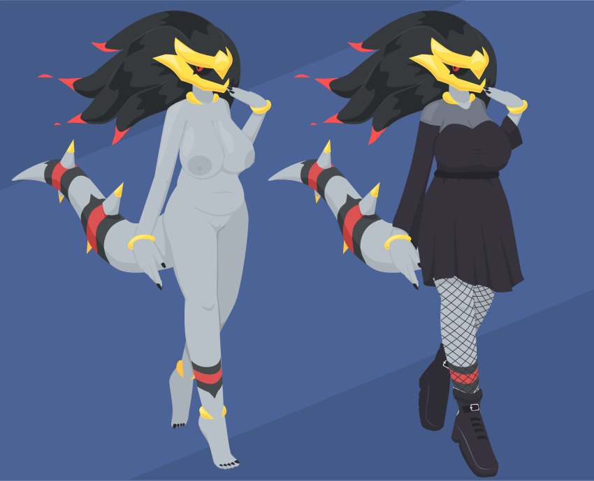 anklet anthro big_areola big_breasts black_dress black_hair black_nails breasts chubby fishnets giratina gold_(metal) goth grey_body huge_breasts large_breasts looking_at_viewer nintendo nipples pokémon_(species) pokemon pokemorph red_sclera sagging_breasts saucepesto thighs video_games