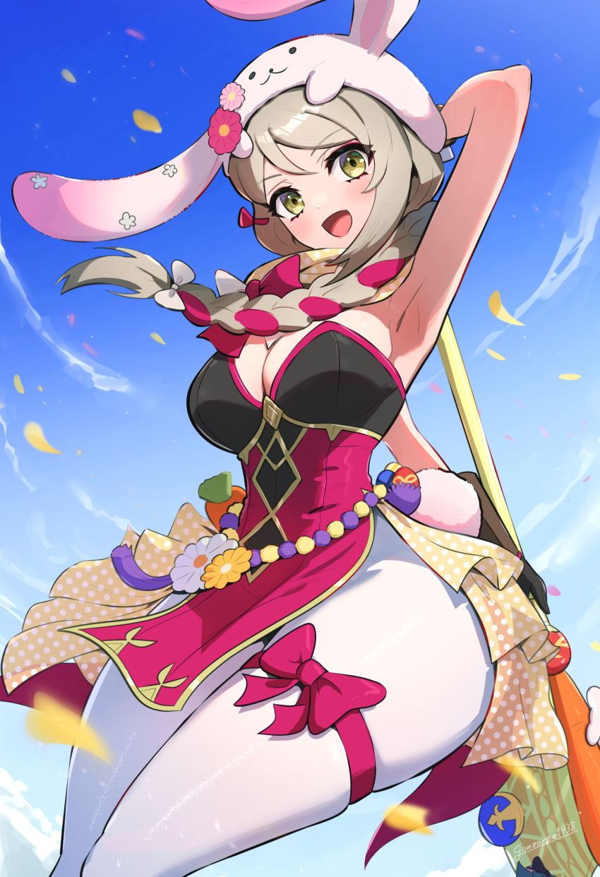 1girls absurdres alternate_ass_size alternate_breast_size alternate_costume animal_ears animal_hat ankle_ribbon anklet armpits axe bare_arms blue_sky blush braid braided_ponytail breasts brown_eyes brown_hair bunny_ears bunny_girl bunnysuit carrot cleavage easter easter_egg egg falling_petals female female_only fire_emblem fire_emblem_engage fire_emblem_heroes flower_ornament framme_(fire_emblem) framme_(spring)_(fire_emblem) gonzarez hat highres holding holding_axe jewelry leg_ribbon looking_at_viewer medium_breasts multicolored_hair nintendo official_alternate_costume open_mouth pantyhose petals playboy_bunny rabbit_ears rabbit_hat rabbit_tail ribbon skindentation sky smile solo tail thick_thighs thighs two-tone_hair white_pantyhose