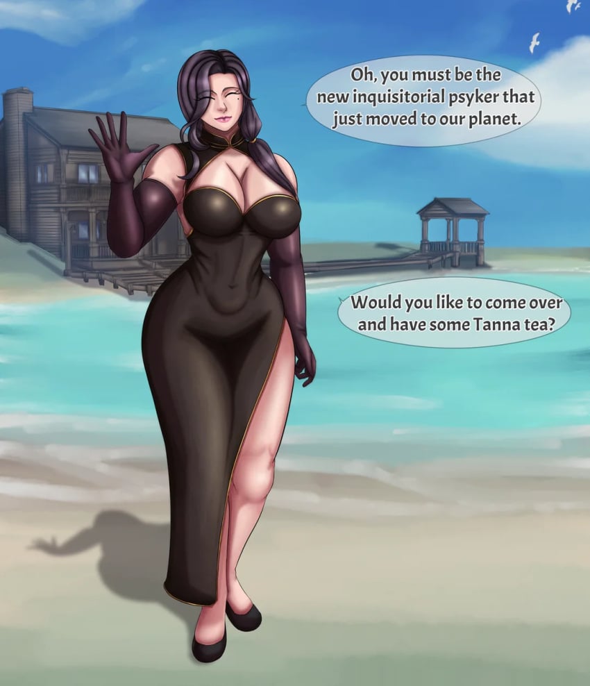 1girls assassin beach big_breasts black_hair boob_window child_bearing_hips cleavage cleavage_window cottage_(building) dialogue dress english_text eversor_assassin gloves house imperium_of_man long_gloves long_hair ocean ocean_background offering_drink officio_assassinorum paradise peaceful ponytail revealing smiling text thick_thighs warhammer_(franchise) warhammer_40k waving wide_hips