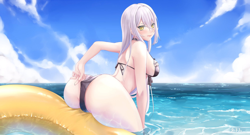 akira_virtual aruru_(artist) ass back beach blush large_breasts long_hair swimsuit virtual_youtuber