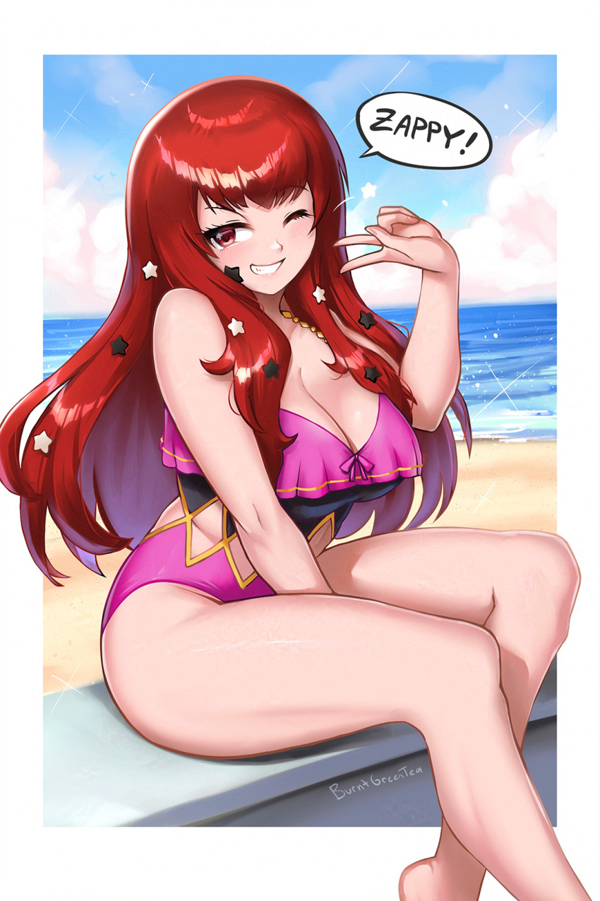 1girls alternate_costume blush breasts burnt_green_tea cleavage clothing_cutout english_text facial_mark female female_only fire_emblem fire_emblem_engage hair_ornament highres large_breasts long_hair looking_at_viewer nintendo one-piece_swimsuit one_eye_closed outdoors peace_sign pink_one-piece_swimsuit pink_swimsuit red_eyes red_hair sitting smile solo speech_bubble star_(symbol) star_facial_mark star_hair_ornament swimsuit teeth text thighs yunaka_(fire_emblem)