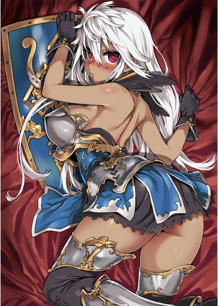 armor asanagi ass back bed big_breasts blush dark-skinned_female dark_skin female_only granblue_fantasy long_hair looking_at_viewer looking_back nipple_bulge no_panties red_eyes solo thighs white_hair zooey_(granblue_fantasy)