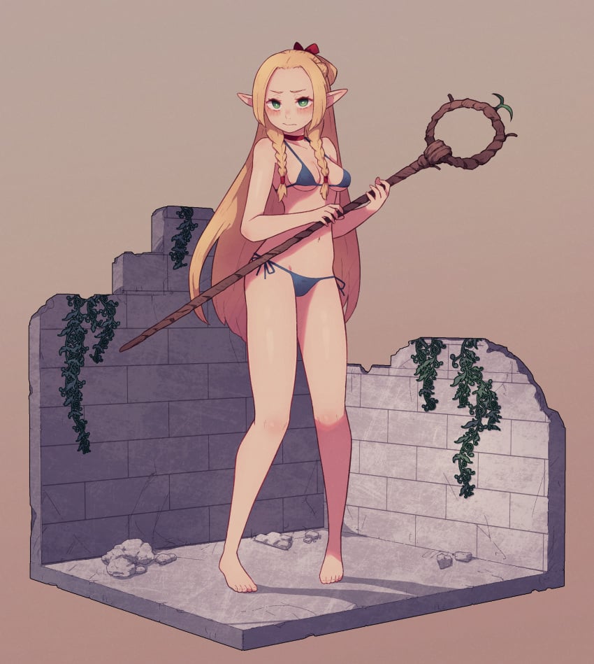 1girls barefoot bikini blonde_hair blue_eyes dungeon_meshi elf elf_ears elf_female elf_girl embarrassed euf lamb-oic029 marcille_donato tagme