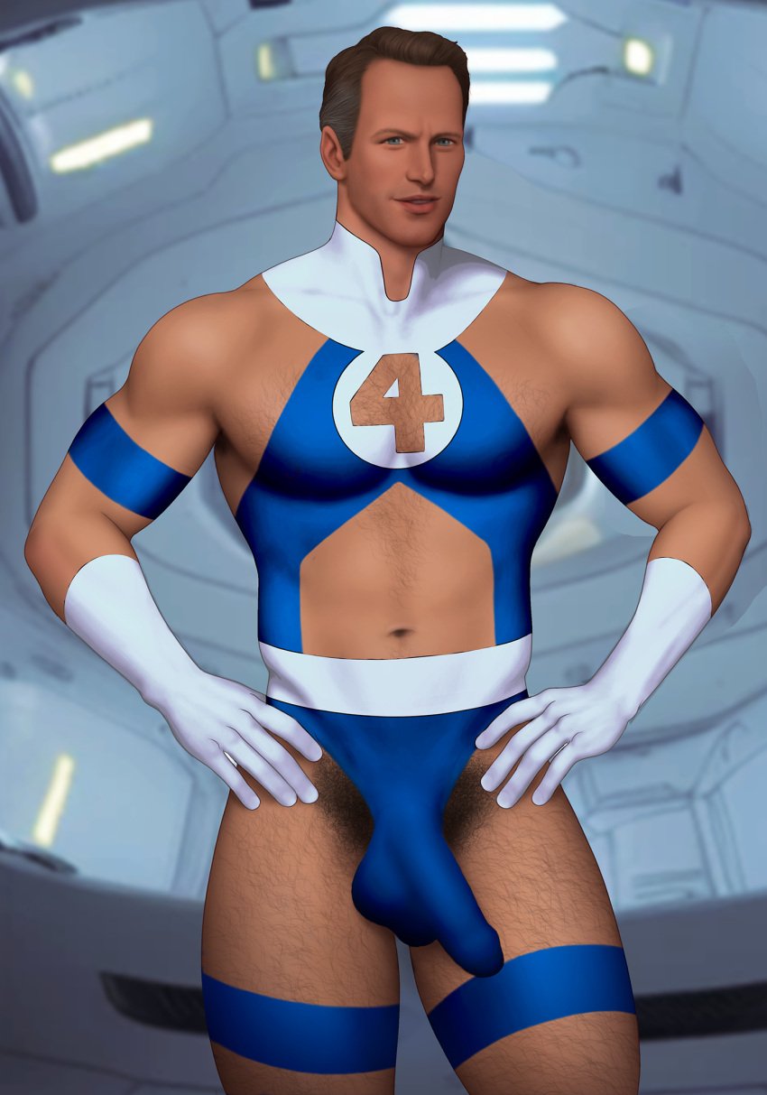 1boy biceps big_bulge boob_window bulge cosplay drawnpr0n elbow_gloves fantastic_four hairy_male huge_bulge human human_only invisible_woman_(cosplay) light-skinned_male light_skin male male_only marvel mature mature_male midriff mr_fantastic muscular muscular_male partially_clothed patrick_wilson pecs penis_outline pubes pubic_hair reed_richards skimpy superhero thighhighs